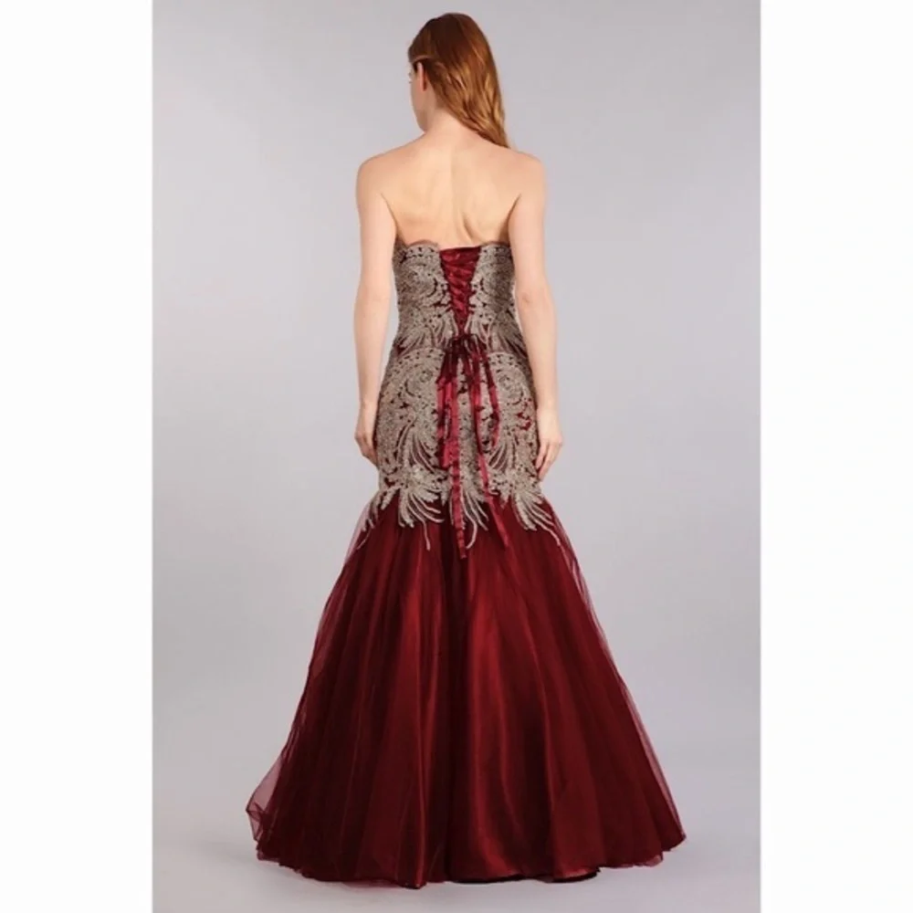 STRAPLESS Burgundy Gold Lace Mermaid Dress 1697 - Picture 2 of 7